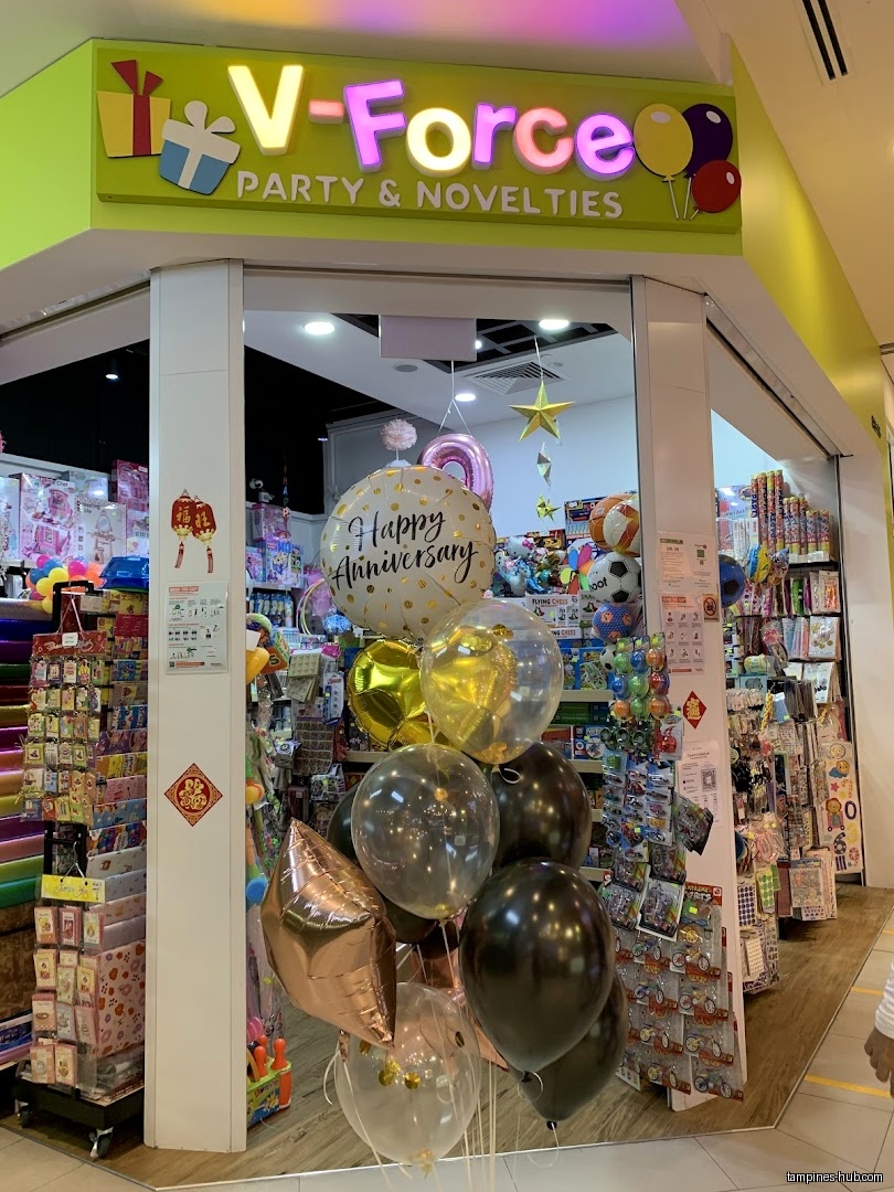 The shop front of V-Force Party & Novelties with balloons and products.