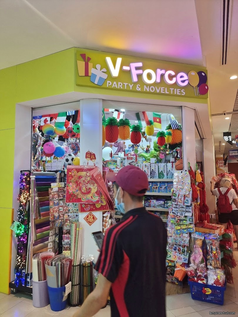 The image shows the storefront of V-Force Party & Novelties shop.