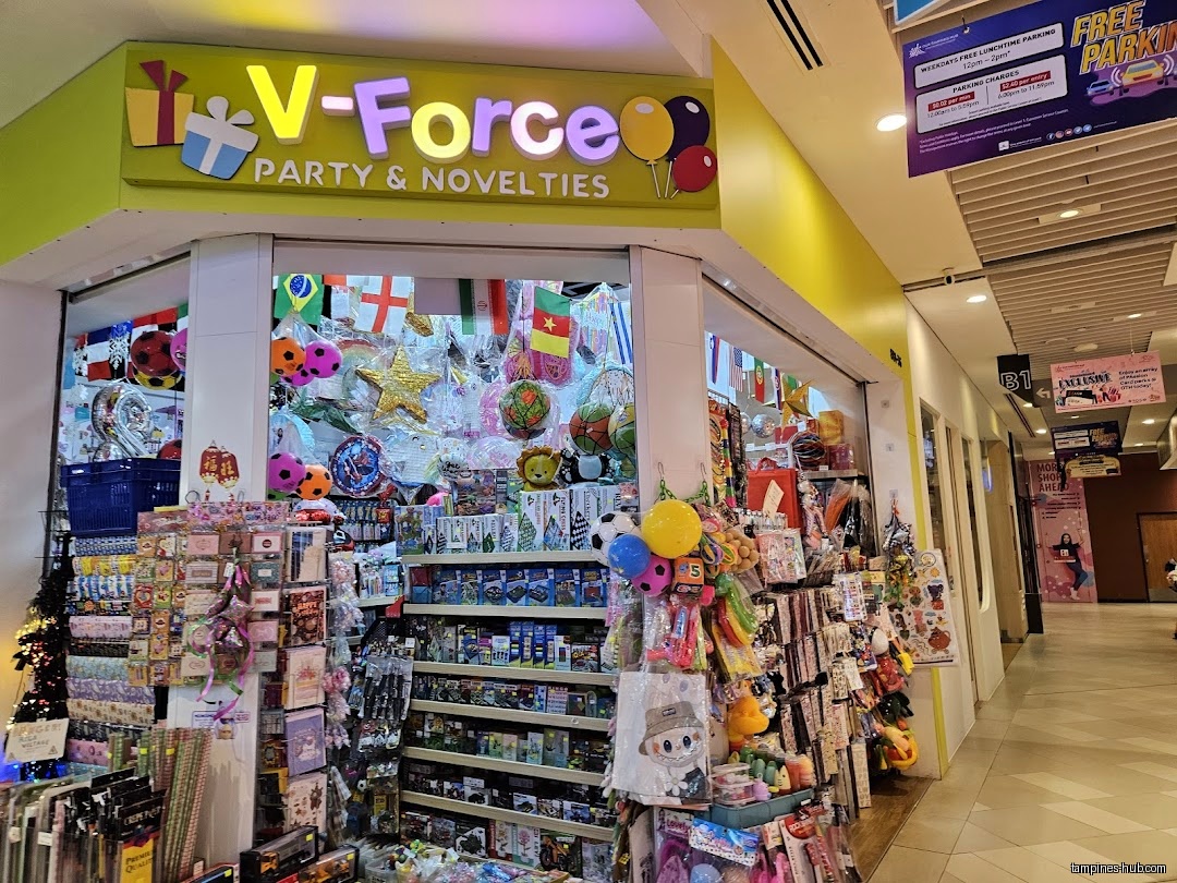 The image shows the storefront of V-Force Party & Novelties shop.