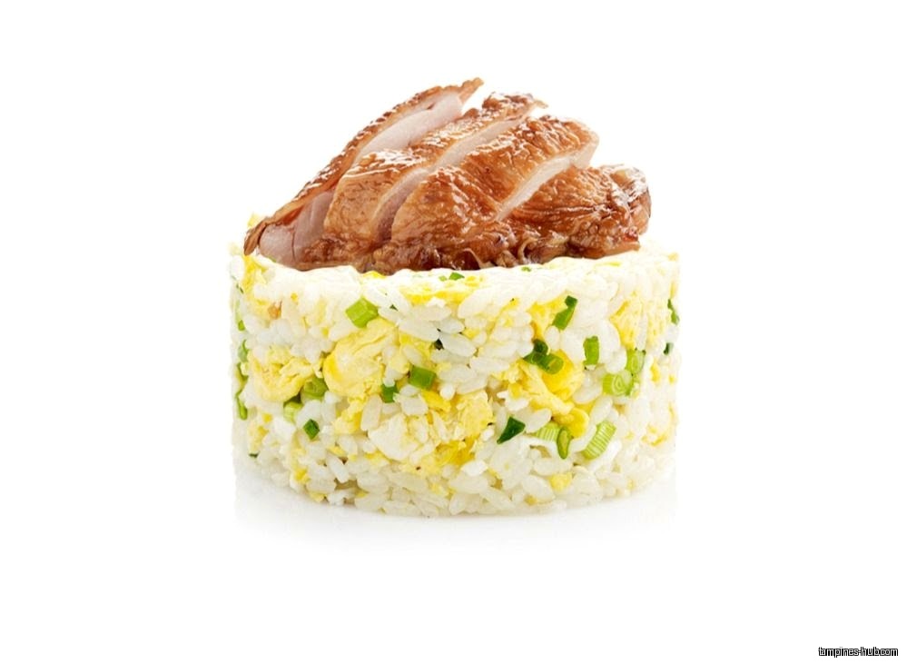 Fried rice with egg and green onions topped with sliced meat.