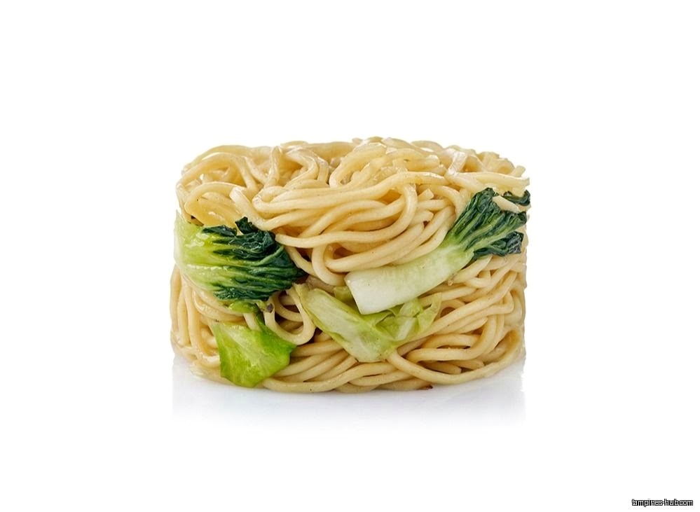 A stack of noodles with green vegetables on a white background.