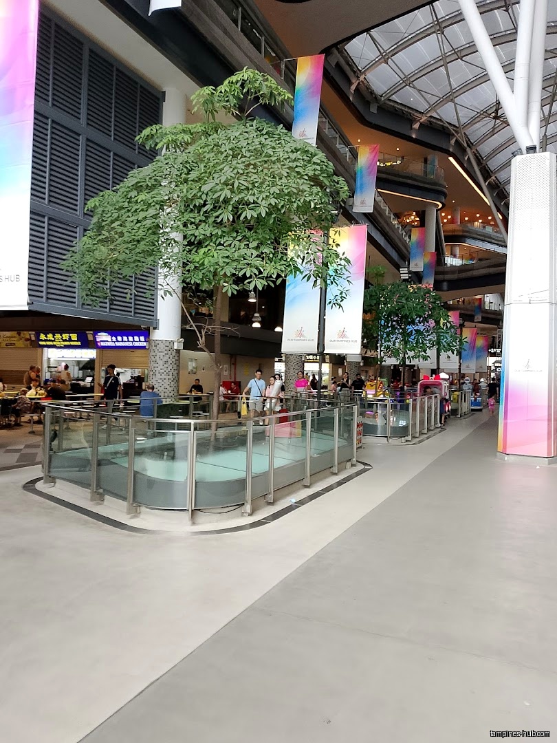 Indoor mall area with shops, trees, and banners visible.